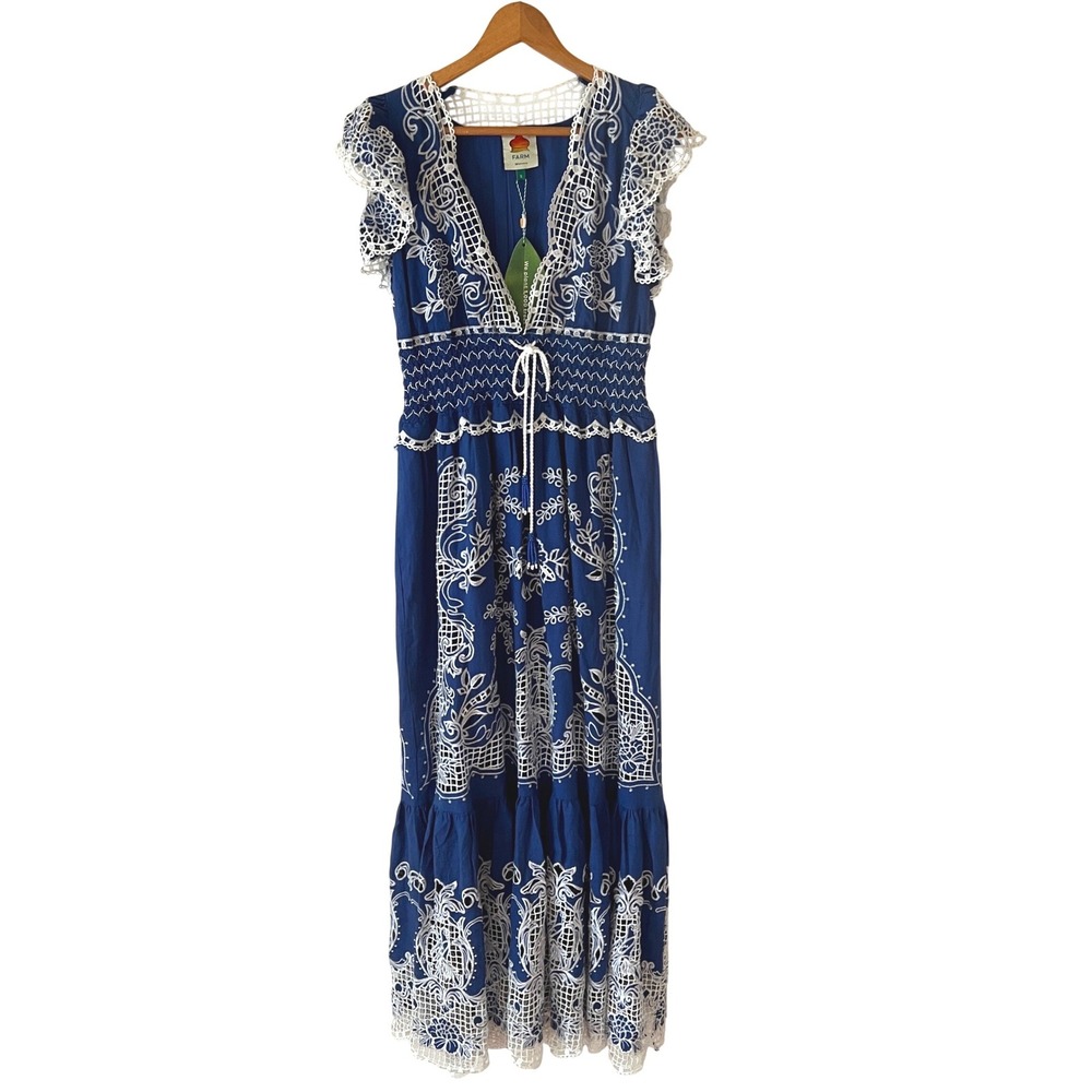 Farm Rio Romantic Richelieu Blue Maxi Dress Linen Blend Embroidered Lace NWT S